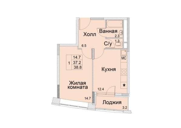 1-к квартира, улица Советская, дом 1, площадь 38,8, этаж 6