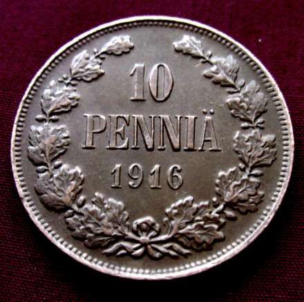 Раритет. Редкая, медная монета 10 пенни 1916 год.