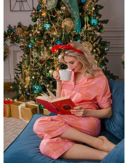 Домашняя, уютная пижама персикового цвета с крупной клеткой в Москве